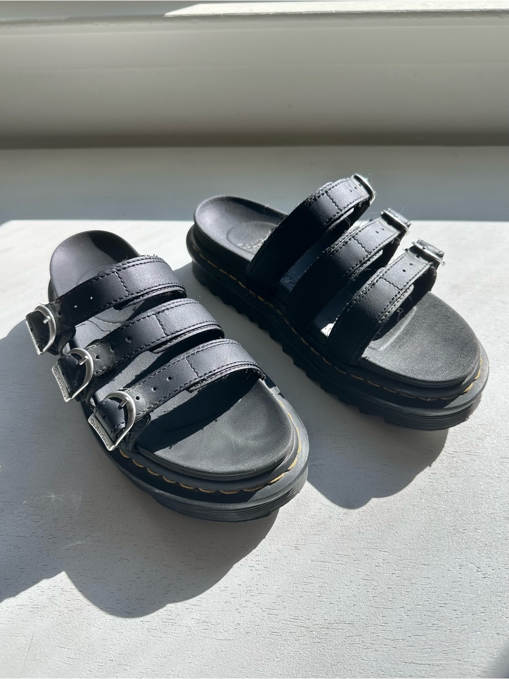 Dr. Martens blaire black leather silver buckle 3 strap slide sandals women’s 7